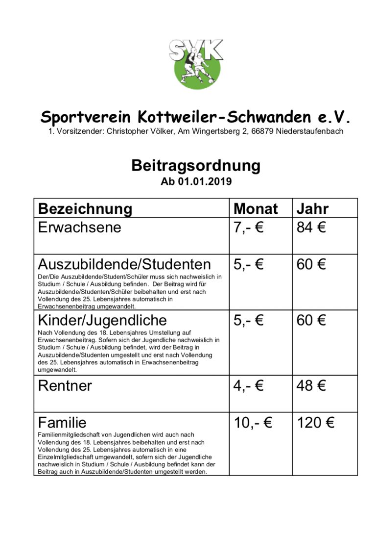 Beitragsordnung – SV Kottweiler-Schwanden 1946 E.V.